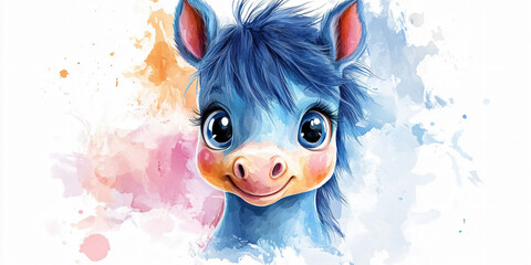 Fototapeta premium cute horse. A cute cartoon illustration of a blue horse with big eyes and a happy smile.