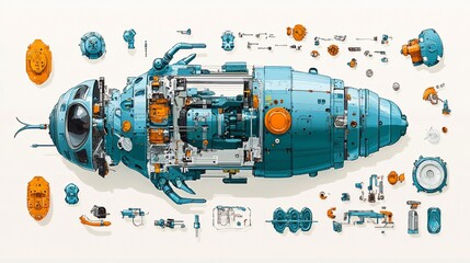 Detailed illustration of a futuristic spaceship disassembled into its individual parts.