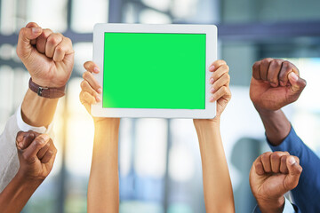 Support, hands and green screen with tablet for announcement, advertising or success. Business people, community and employee engagement for group with technology, mockup space and teamwork in office