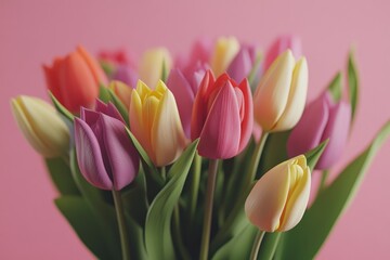 Naklejka premium Colorful Tulip Bouquet on Pink Background