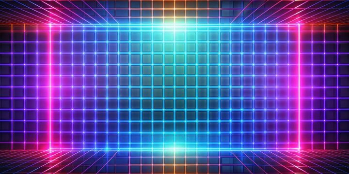 Abstract neon grid background with colorful tiles and squares illuminated by neon glow, neon, grid, abstract, colorful, background