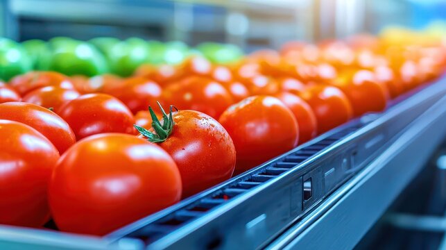 Develop a mechatronic system, Fresh red tomatoes on display in a grocery store setting, highlighting their vibrant color and rich texture.