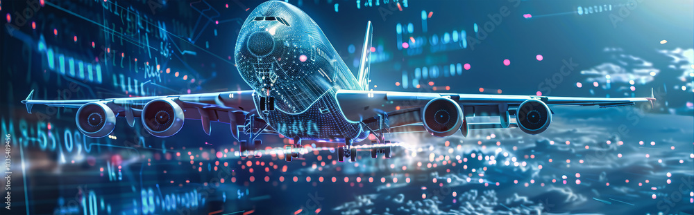 Poster digital airplane soaring through the sky with data visuals, showcasing modern technology for flight 
