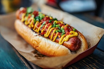 Delicious Hot Dog in a Soft Bun with Toppings