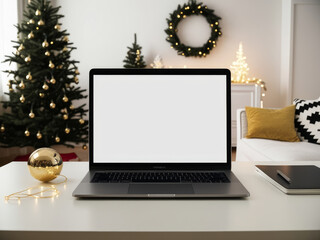 Laptop with white blank screen on the background of the Christmas interior of living room. AI generated