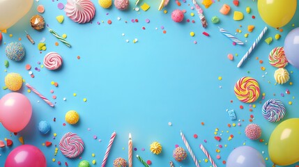 Top view birthday party background with colorful serpentine, balloons, candles, candies, and confetti on blue - perfect for celebrations, party invitations, and event decor