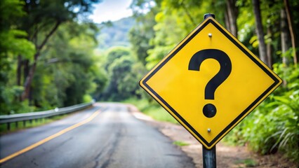A Question Mark Road Sign in a Lush Green Forest Setting, Symbolizing Uncertainty and the Unknowns of the Path Ahead
