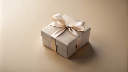 Fototapeta premium A square gift box with a simple, elegant, satin ribbon bow on top, isolated on a cream background.