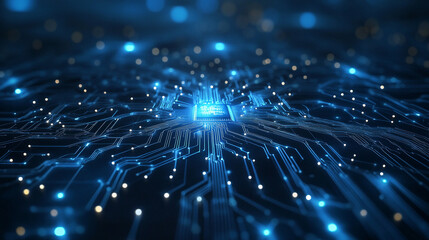 Obraz premium Futuristic Circuit Board Design with Glowing Lines and Microchip