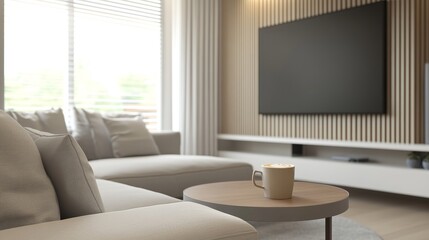 Modern Living Room Interior with a Cup of Coffee.
