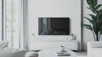 Modern living room interior with a TV and a coffee table.