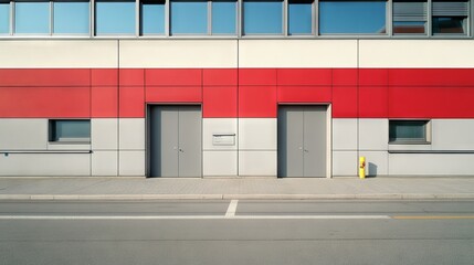 Obraz premium Modern double gate with gray and red colors in front of factory building