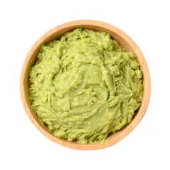 Mashed avocado in wooden bowl, Top view