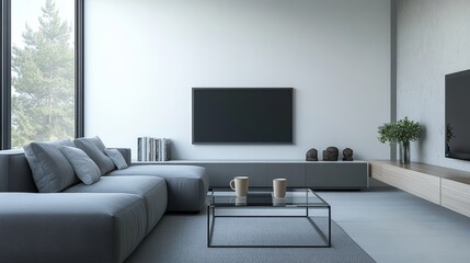 Modern Living Room Interior Design with Grey Sofa and Glass Coffee Table.