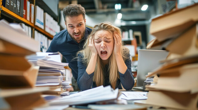 Young boss yells at overwhelmed subordinate as she sits at her cluttered desk pondering solutions in a chaotic office environment