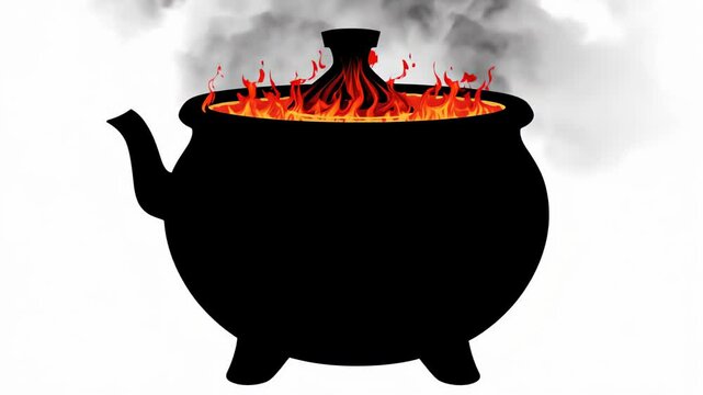 black cauldron boiling with bright red flames inside, emitting smoke from the top