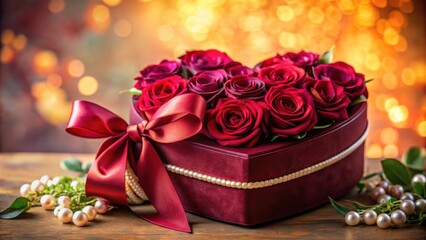A heart-shaped box filled with vibrant red roses, adorned with a flowing satin ribbon and accented with a pearl necklace, sits on a wooden surface against a soft golden bokeh backdrop.