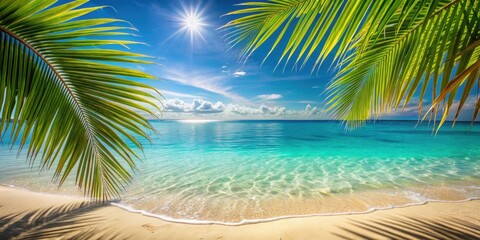 Fototapeta premium Sandy shore meets shimmering turquoise water under palm fronds, creating a serene tropical getaway, Beach, shore, water