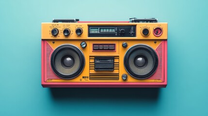 Fototapeta premium Colorful vintage boombox laid flat on pastel blue background, overhead angle, striking colors and sharp lines, retro-tech vibe