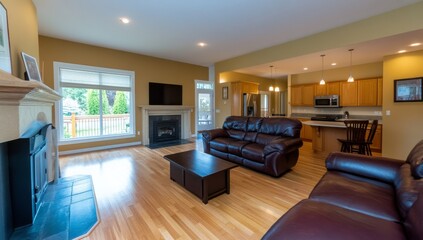 Modern farmhouse living room with leather sofas, fireplace, and wood accent table