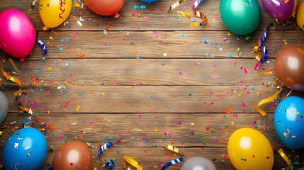 Colorful carnival or party frame with balloons, streamers, and confetti on rustic wooden board - perfect for festive themes, event invitations, and celebration decor
