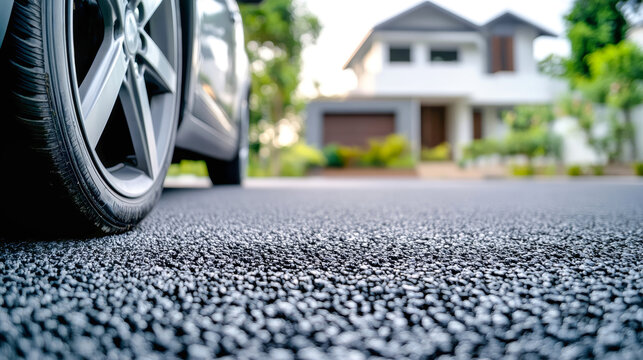 Close-up view of a car wheel on an asphalt driveway with a house in the background, showcasing a serene outdoor residential setting