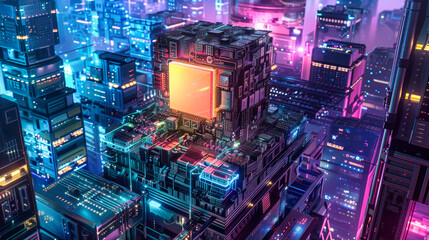 Advanced chip at the center of a futuristic city, showcasing glowing data and intricate circuits within a vibrant electronic landscape