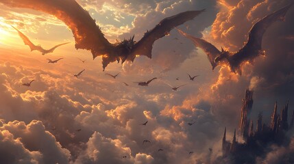 A 2D sky filled with 3D flying creatures creating a blended atmosphere