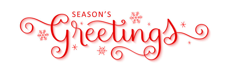 SEASON'S GREETINGS red vector brush calligraphy banner with snowflakes on white background © HowLettery Studio