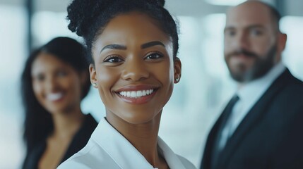 A group of diverse business professionals smiles warmly while engaging in a collaborative meeting in a contemporary office setting, showcasing teamwork and inclusivity. Generative AI