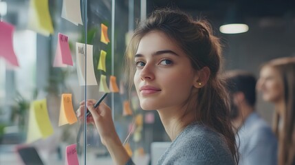 Woman writing on sticky notes on a glass wall in an office