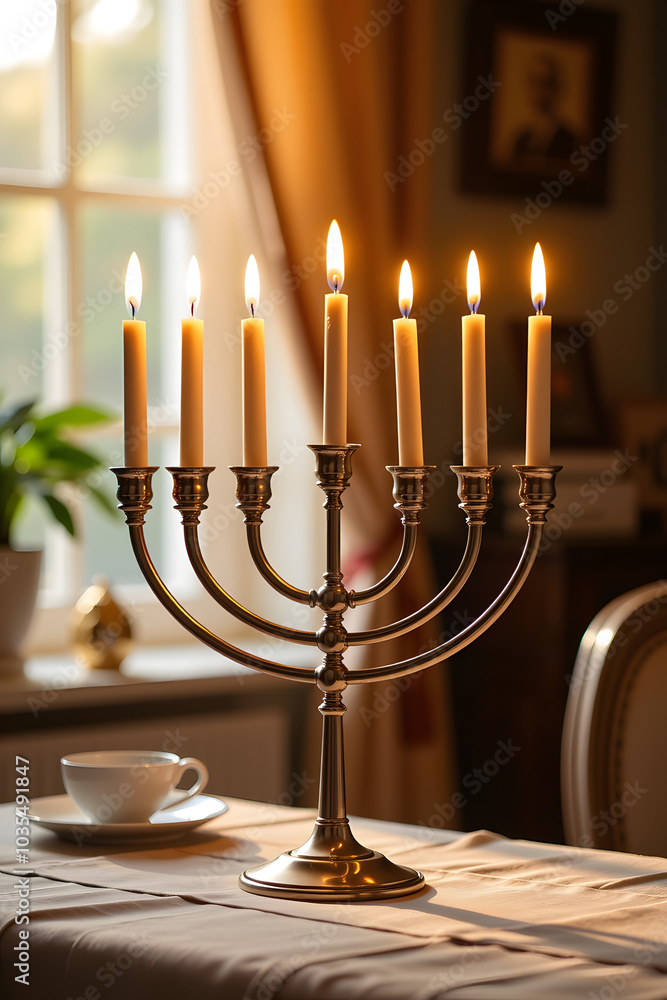 Wall mural menorah with lit candles on table beside cup in cozy living room for hanukkah celebration