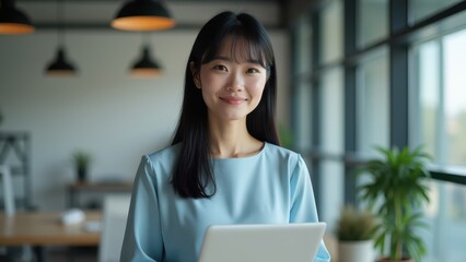 Fototapeta premium Smiling Businesswoman Standing with Tablet in Stylish Workspace