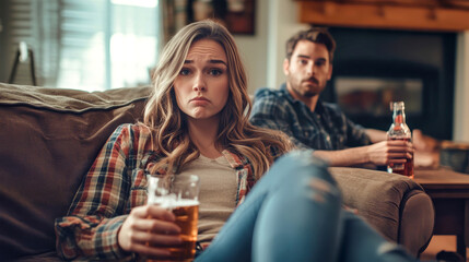 Fototapeta premium A young woman feels frustration as her husband drinks excessively on the sofa in their rustic living space, reflecting challenges in family dynamics