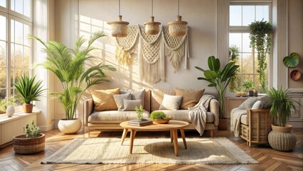 Fototapeta premium Sunlight streams through windows illuminating a cozy living room with a neutral color palette, natural textures, and lush greenery, creating a serene and inviting ambiance.