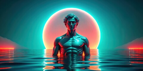 A classical sculpture of a man emerges from the waters under a vibrant neon light ring, casting a dreamy glow on the rippling surface.