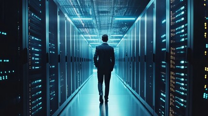 Server Room In Data Center. Cloud Computer Engineer.