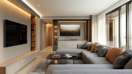Modern Living Room Interior Design with Sectional Sofa and Wall Mounted TV.