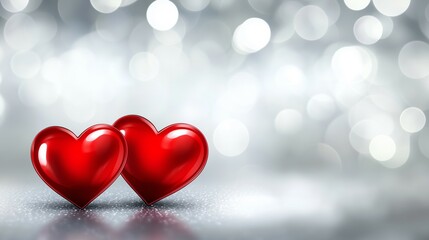 Shiny red hearts with a sparkling silver bokeh background for a romantic and festive Valentine's Day celebration
