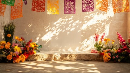 An empty scene featuring blank mockup template (with intricate papel picado cut-outs hanging above a minimalist altar of stone and flowers), 
