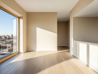 Obraz premium Bright and spacious modern interior with large windows showcasing city views in daylight