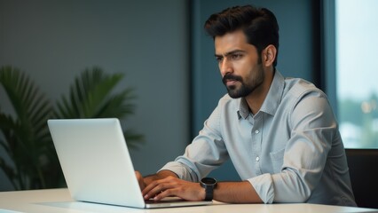 Fototapeta premium Determined Young Man Concentrating on Laptop in Office Environment