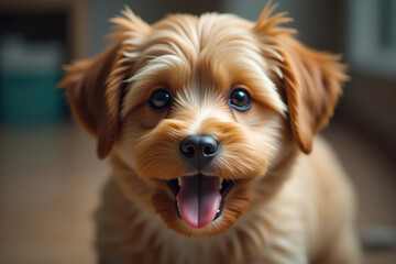Adorable puppy dog posing and panting at home