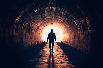Silhouette of a person walking through an illuminated tunnel