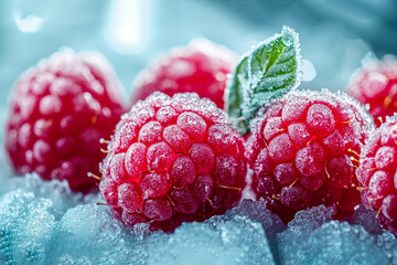 Close-up of frozen raspberries with a frosty leaf, icy and fresh.