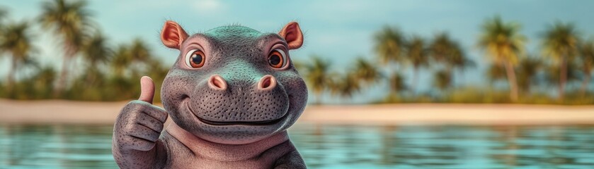 Obraz premium A cheerful cartoon hippo giving a thumbs up, set against a tropical beach background with palm trees and calm waters.