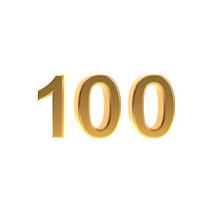 Golden number 100 png, 3d gold number one hundred isolated on transparent background.