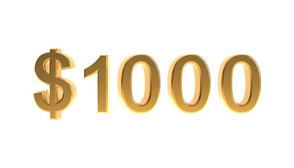Golden 1000 dollars png, gold one thousand $ or grand isolated on transparent background, 3d rendering.