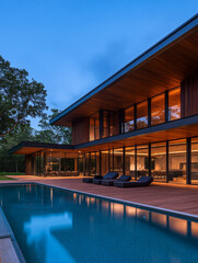 Fototapeta premium Modern architectural beauty of a glass and wood house beside a serene pool at twilight