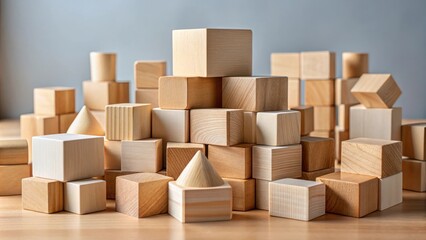 Fototapeta premium A Pile of Natural Wood Blocks in Various Shapes and Sizes Arranged in a Random and Playful Manner